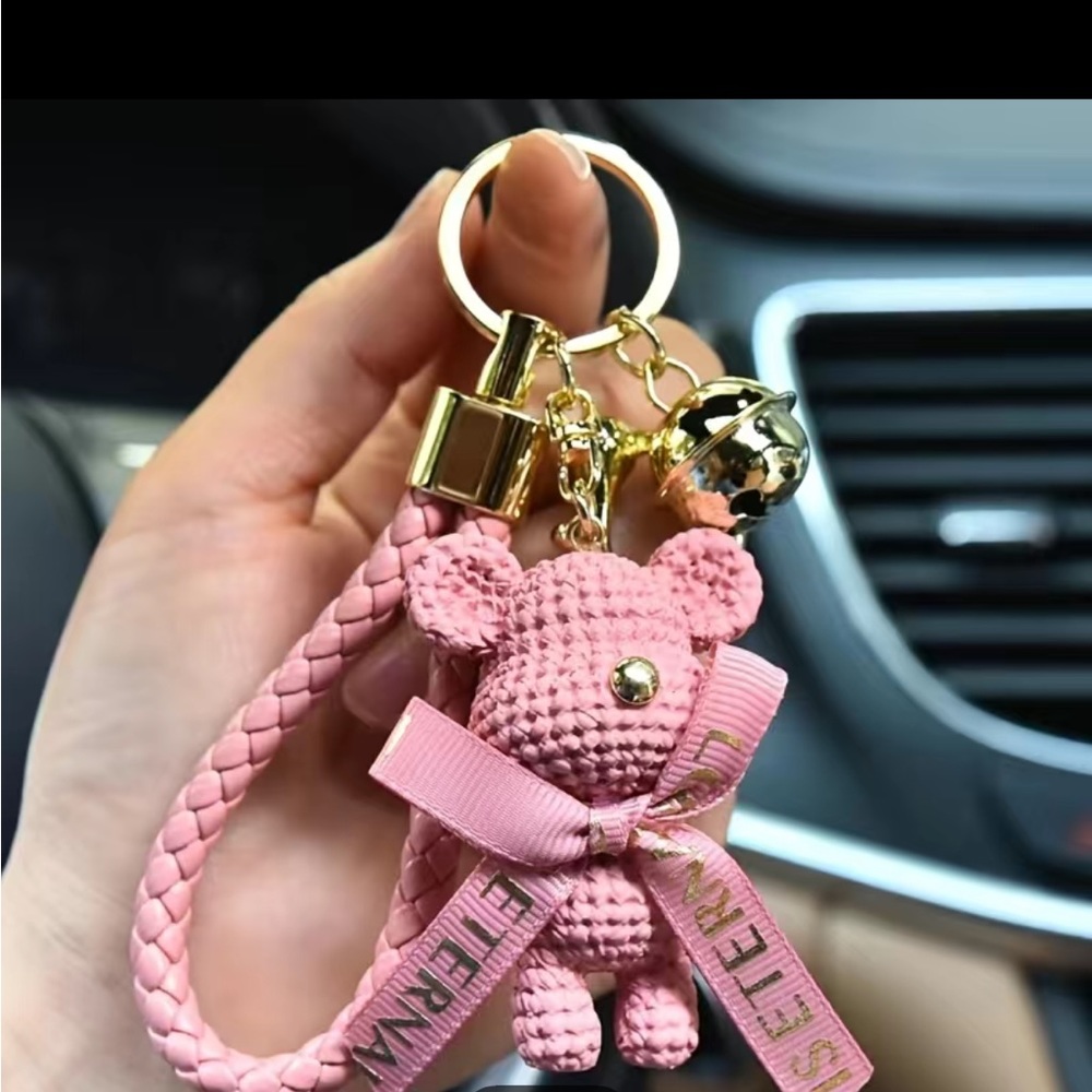 🌟 Pink bear keychain or bag charm with bow and bell